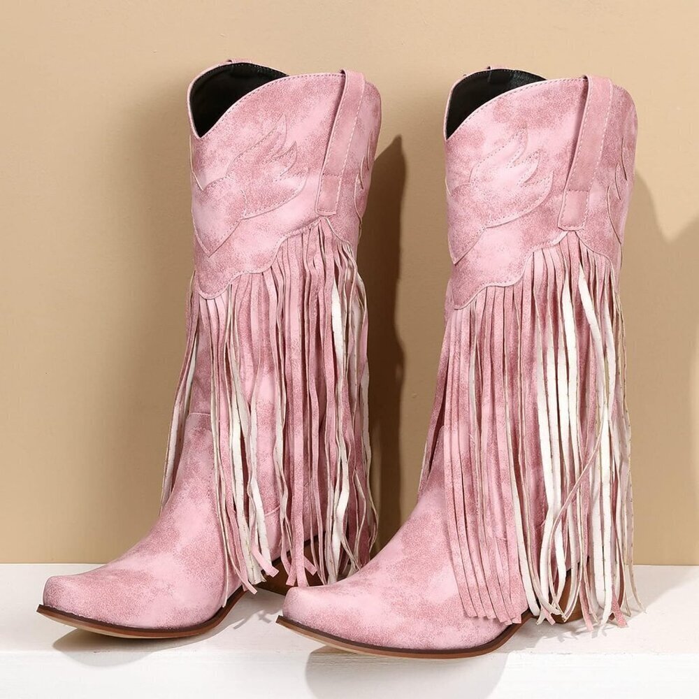 Women's Pink Fringe Cowboy Boots Square Toe Mid Calf Embroidered Western Boots - Picture 7 of 7